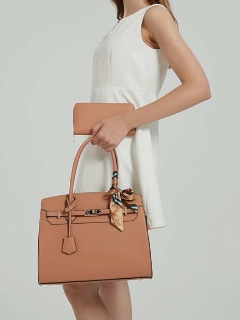 2pcs Structured Light Tan Vegan Leather Handbag with Matching Wallet